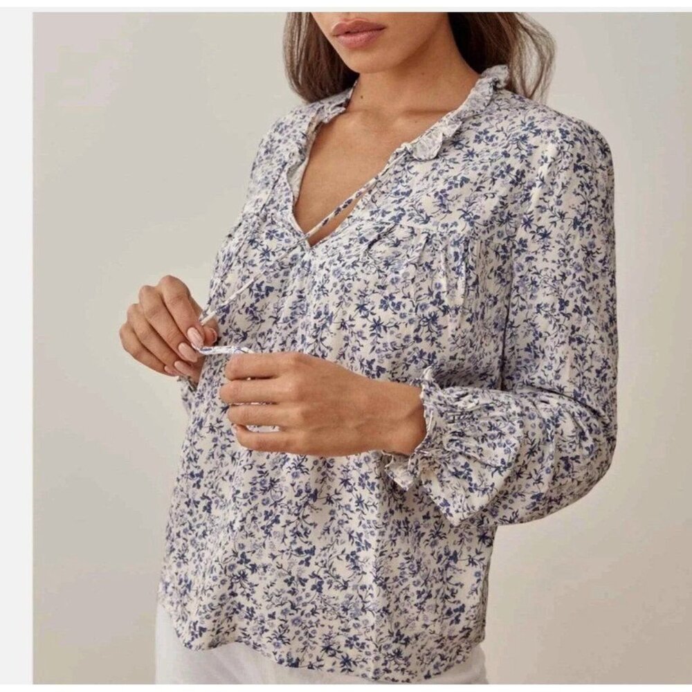 Reformation Amira Blue Floral Print Tie Front Top Size XS